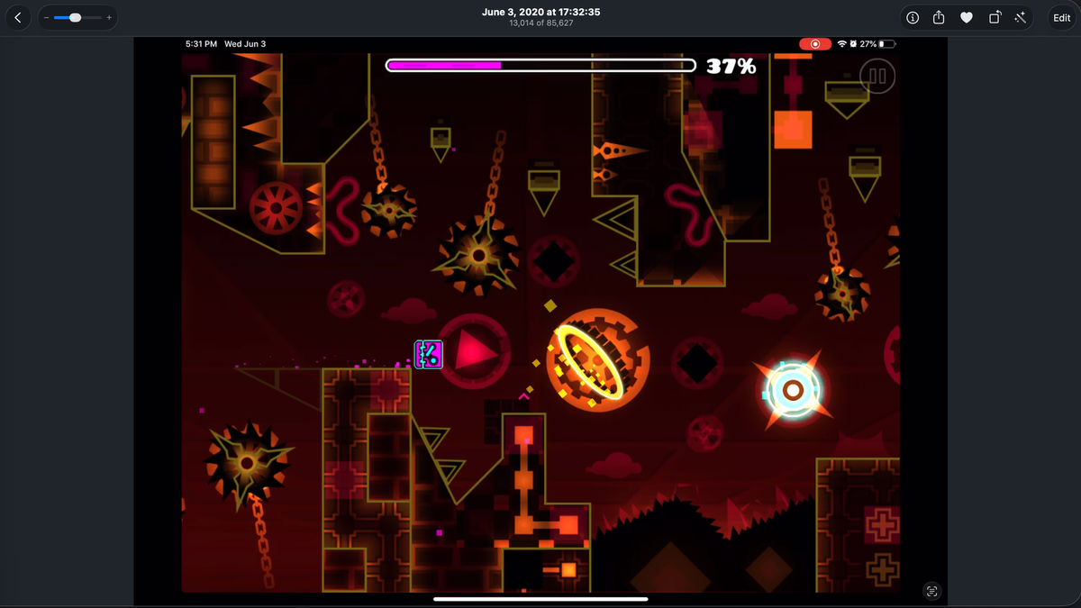 A screenshot of the photos app, showing a video of the Geometry Dash level Error by iIsane, recorded on June 3, 2028 at 17:32:35 (AST).