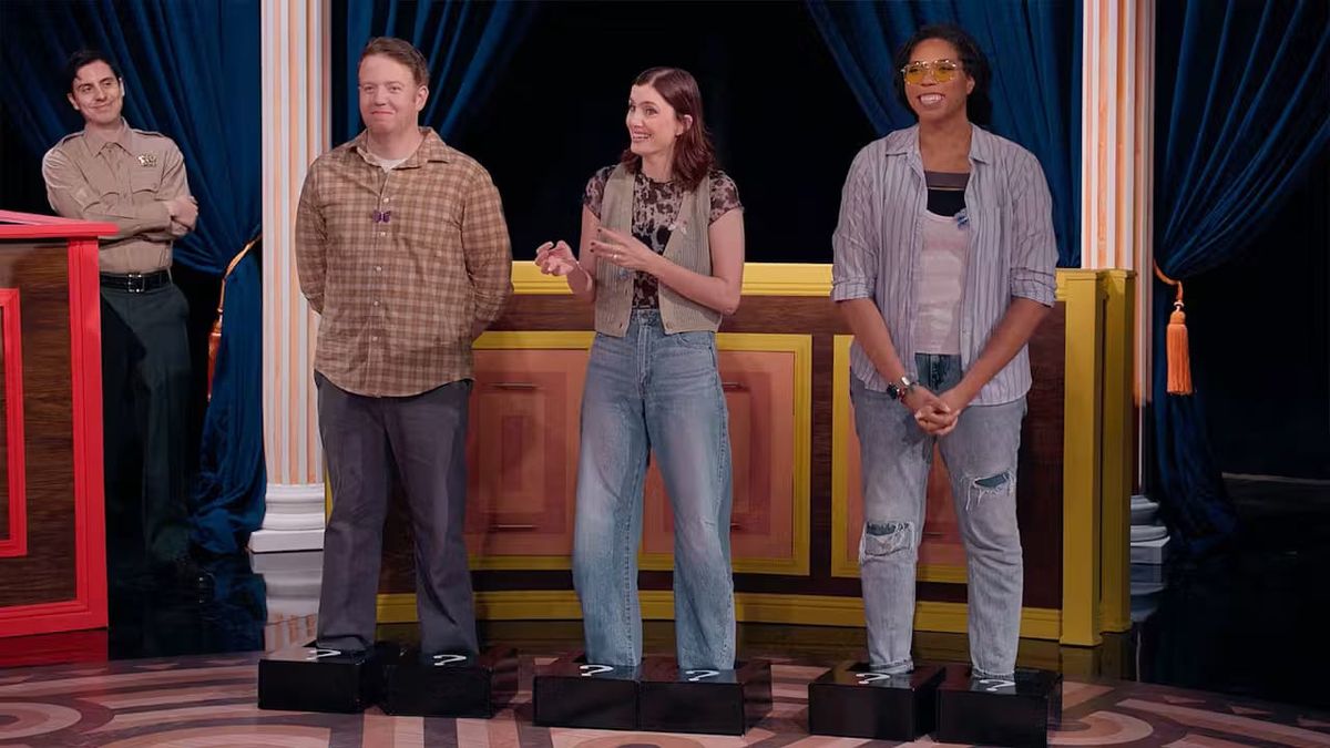 A screenshot from Game Changer S8Ep04, "Kangaroo Court", featuring Brennan Lee Mulligan, Vic Michaelis, and Aabria Iyengar, standing in boxes.