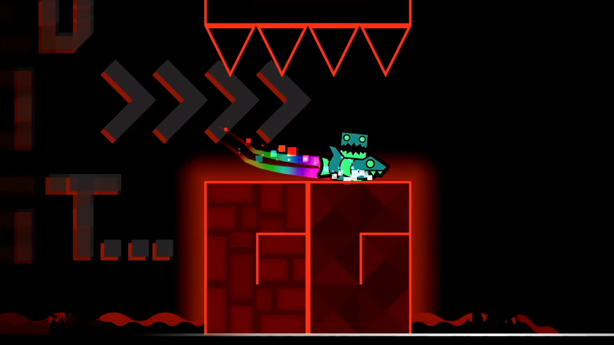 A screenshot of me beating Old Cataclysm. My icon and ship are resting right on top of the GG at the very end of the level.
