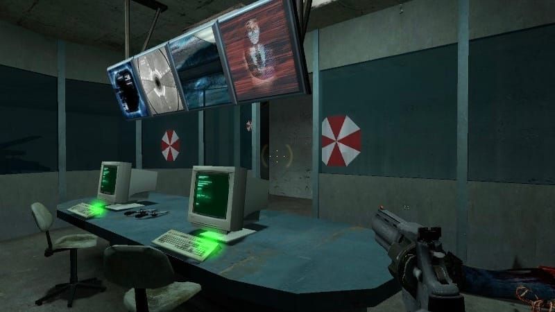 A screenshot of a Resident Evil-based custom map for Half-Life 2 Deathmatch,  coop_resident_evil_sg_zb4 by Downloading. It shows a small Umbrella Coorporation room with a zombie in the back.