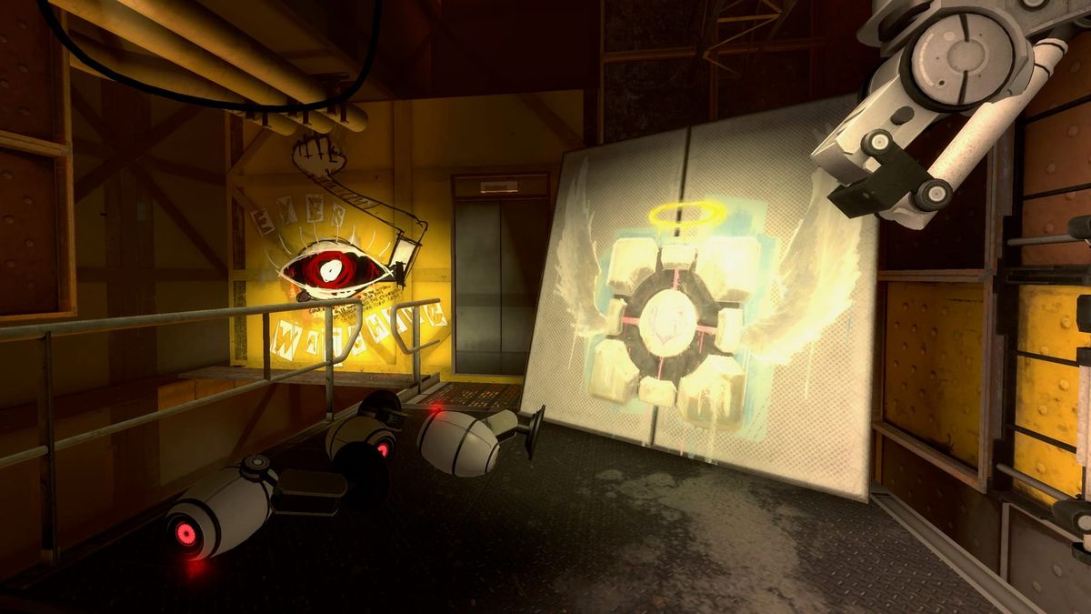 Chamber 17 from Portal: Alive & Kicking. There is a Rattman den with drawings of a companion cube with wings and a halo, and a mechanical red evil-looking eye.