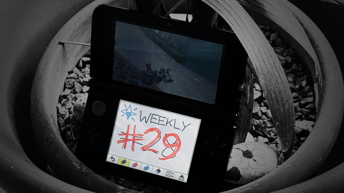 A dramatic image of a 3DS. A game note reads "EyeSpark Weekly #28", with the #28 crossed over by a big red #29.