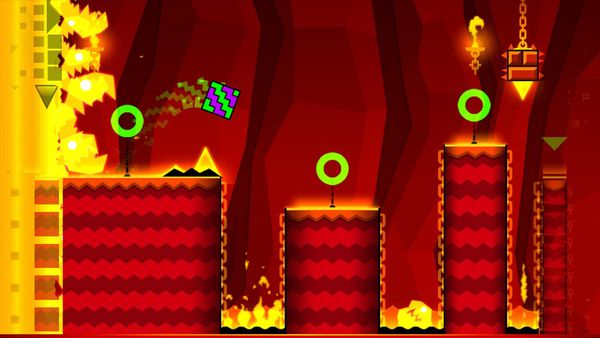 An image of the second level of Geometry Dash Meltdown, Viking Arena, which is a fire/lava themed level.