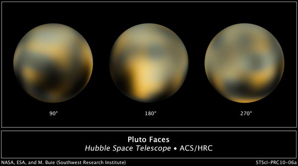 The highest-quality images of Pluto before the New Horizons space probe reached it in July 2015. It's a sphere covered with fuzzy black and yellow blobs.