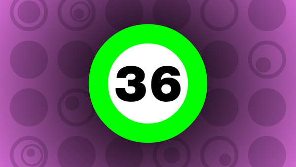 A green circle with a number 36 behind a pink background.