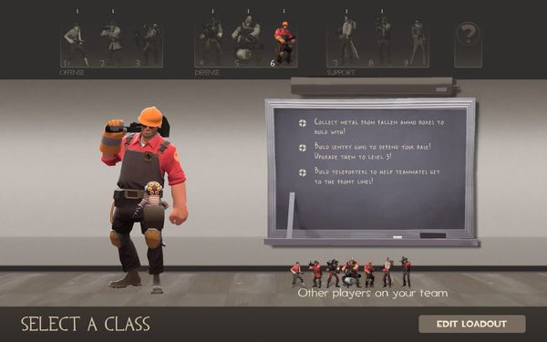 The class selection screen in TF2, focused on the Engineer.