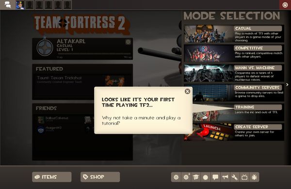 The main menu of Team Fortress 2, with a pop-up reading "Looks like it's your first time playing TF2… / Why not take a minute and play a tutorial?"