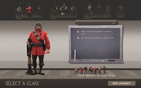 The class selection screen in TF2, focused on the Soldier.