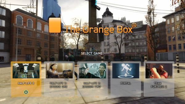 The main menu for The Orange Box in the XBOX 360.