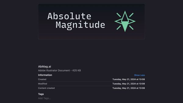 A screenshot of a file named "AbMag.ai", made in May 2024. Featuring the text "Absolute Magnitude" next to the EyeSpark logo.