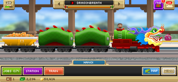 A screenshot of Pocket Trains. A Dragonbreath train in Hanoi station.