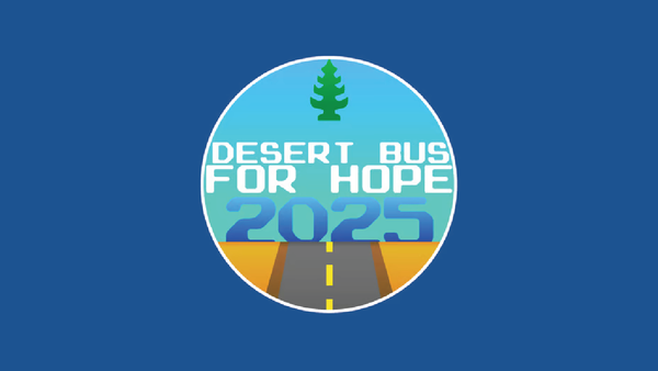 The logo for Desert Bus For Hope 2025 on a blue background.