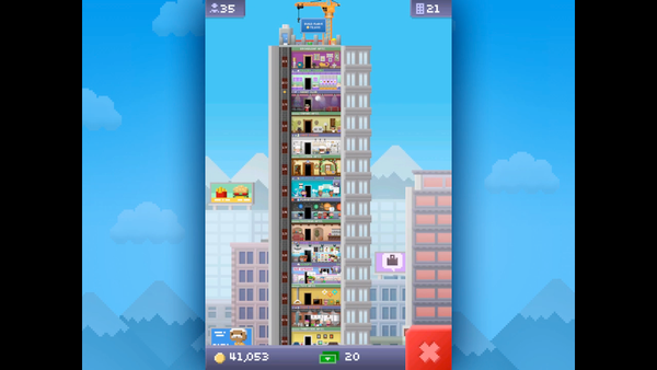 A screenshot of the top of the tower of the Tiny Tower - 2011 iPhone Game of the Year trailer.