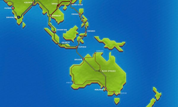 A section of my map in Pocket Trains, focused on Australia and Southeast Asia.