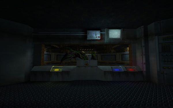 A screenshot from the Blast Pit chapter of Half-Life. The view is from the main control room looking into the Tentacle-infested silo.