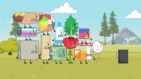 The contestants of Battle for Dream Island Elsewhere next to the Announcer.