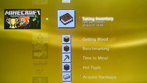 The trophies I have unlocked in Minecraft on the PlayStation 3, focused on Taking Inventory, unlocked 2016-04-15.