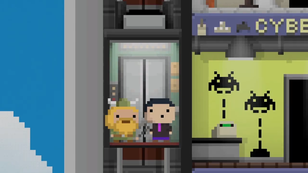 Screenshot from Good Game's Tiny Power series. Two bitizens ride down an elevator, passing by a cyber cafe floor with space invader aliens in the wallpaper.