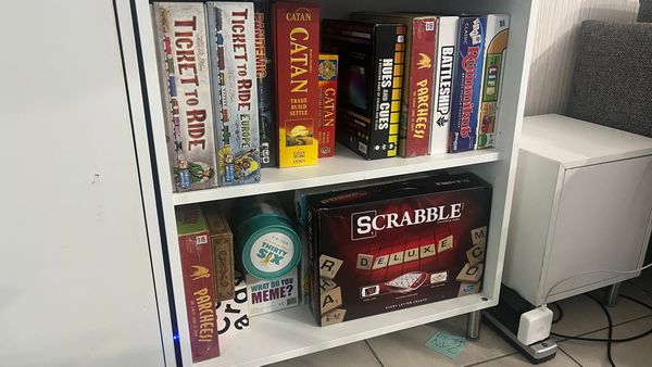 My new board game shelf. The top shelf contains my favourite games, and the bottom contains miscellaneous games and a large Scrabble that doesn't fit sideways.