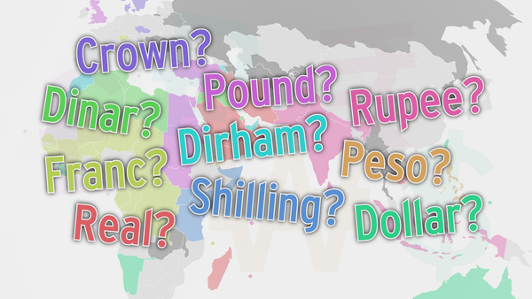 Zoomed in section of the Currency Names map with names of different currencies plastered into on it.