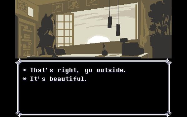 A screenshot from Deltarune Chapter 5. The shopkeeper on the cliff is saying "That's right, go outside. It's beautiful."