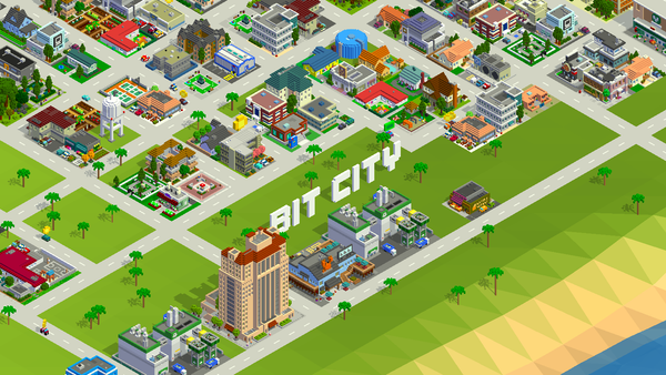 A photo of my Level 8 city in Bit City. The image is centred on the large "BIT CITY" sign by the coast.