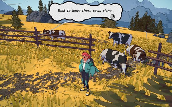 A screenshot from Dungeons of Hinterberg. The playable character, Luisa, is standing by some cows saying "Best to leave these cows alone…"