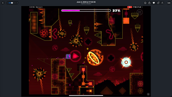 A screenshot of the photos app, showing a video of the Geometry Dash level Error by iIsane, recorded on June 3, 2028 at 17:32:35 (AST).