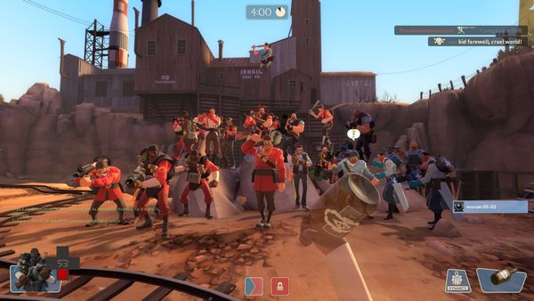 A screenshot of Team Fortress 2 Classic during LambdaGeneration Gamenight. The map is dustbowl, and Karl is a red demoman on top of a rock.
