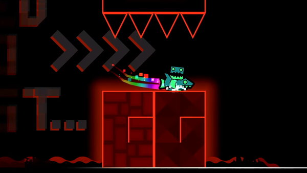 A screenshot of me beating Old Cataclysm. My icon and ship are resting right on top of the GG at the very end of the level.