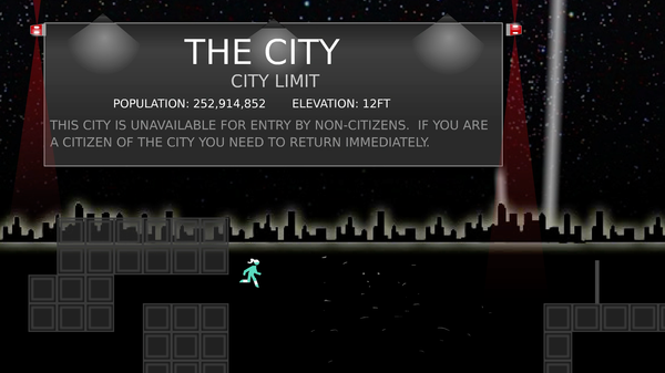 A screenshot from the flash game Exit Path by jmtb02. The stick figure is running past the sign for the city.