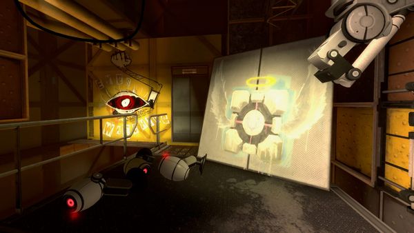 Chamber 17 from Portal: Alive & Kicking. There is a Rattman den with drawings of a companion cube with wings and a halo, and a mechanical red evil-looking eye.