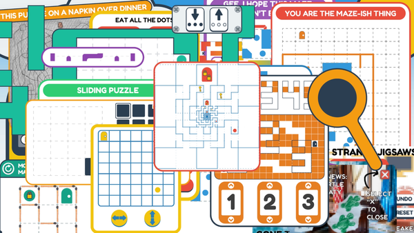The starting screen for 20 More, Somehow Even Smaller, Mazes, by FLEB, as seen on the Press Kit. 20 assorted maze windows fill the screen.