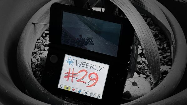 A dramatic image of a 3DS. A game note reads "EyeSpark Weekly #28", with the #28 crossed over by a big red #29.