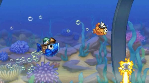 A screenshot of Jetpack Joyride, showing Barry wearing the zombie outfit riding a Mecha Micro, with Flash in front of him riding a Mecha Olympus. They're in front of an aquatic background.