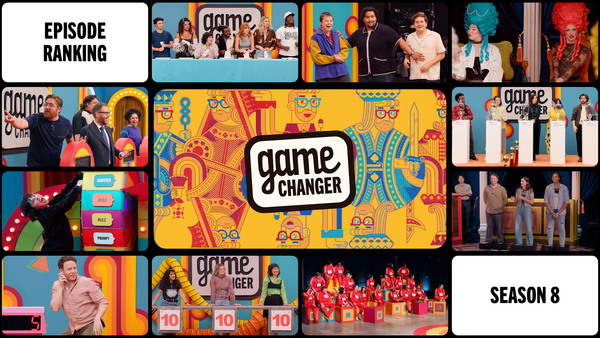 Collage of the Game Changer Season 8 key art, with the thumbnails of all ten episodes surrounding it. Two boxes in the corners say "Episode Ranking" and "Season 8".