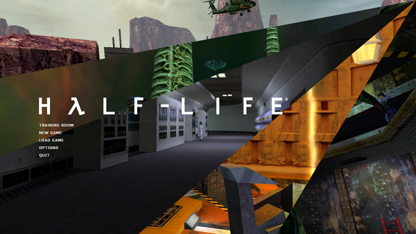 A collage showing the five title screen backgrounds of Half-Life: Source. There's a dam, a Xenian island, the halls of Black Mesa, the anti-mass spectrometer, and an abandoned missile silo.