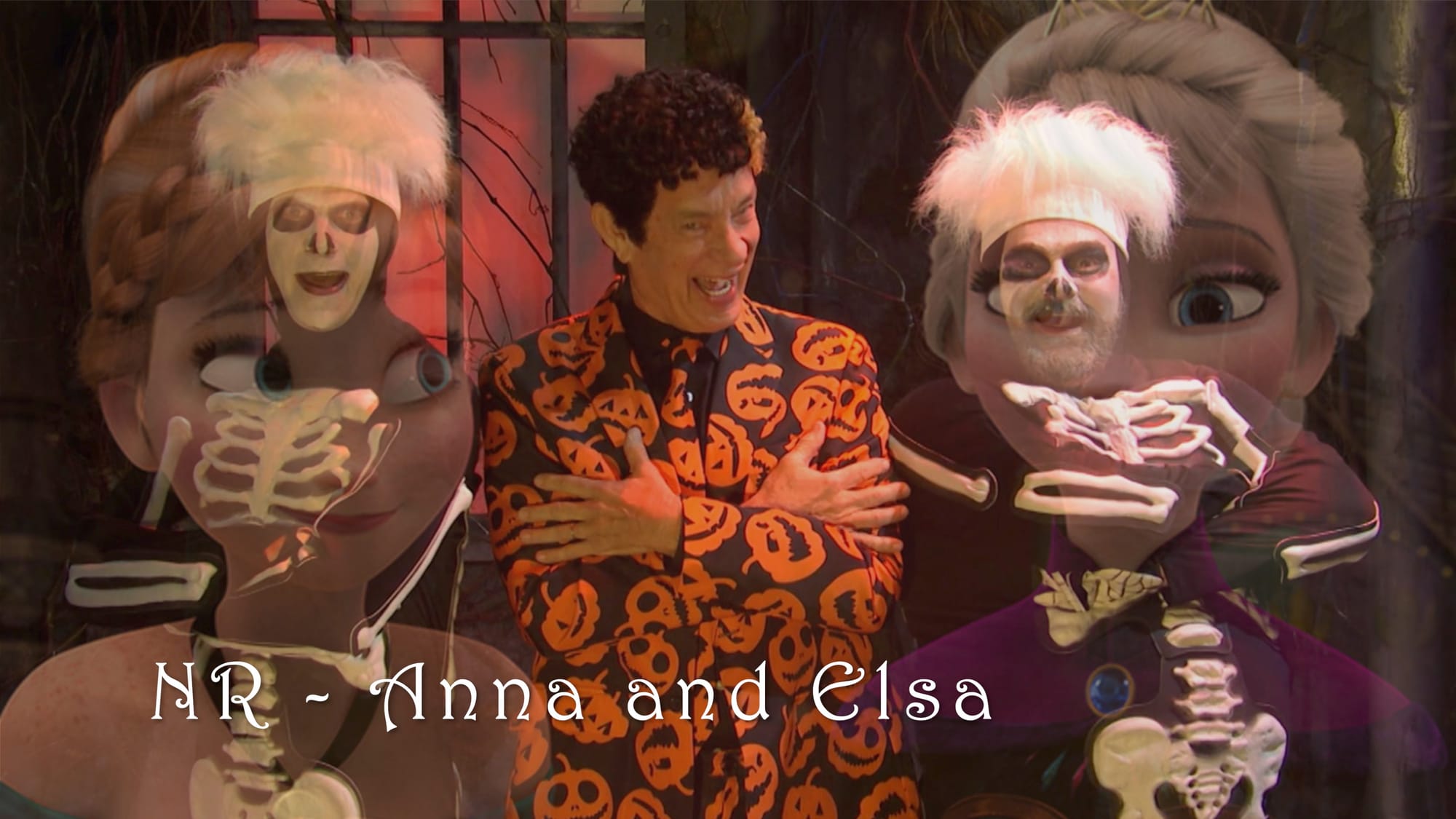 David S. Pumpkins and his dancers with a picture of Anna and Elsa from Frozen superimposed.