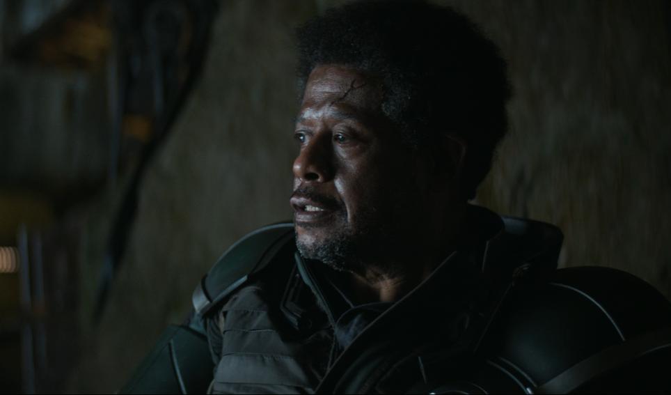 A man with graying curly hair and a big scar on his forehead looks at something to the left offscreen. He is wearing dark colored armor.