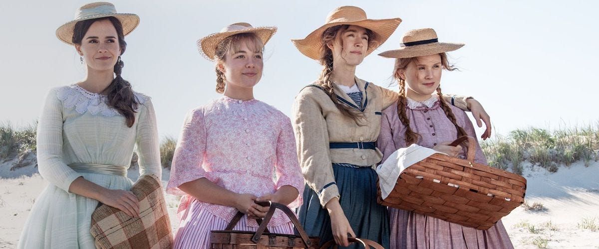 Meg, Amy, Jo, and Beth March in their beach attire with picnic supplies in Little Women (2019)