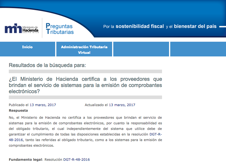 Respuesta del Ministerio de Hacienda de Costa Rica sobre certificación de proveedores