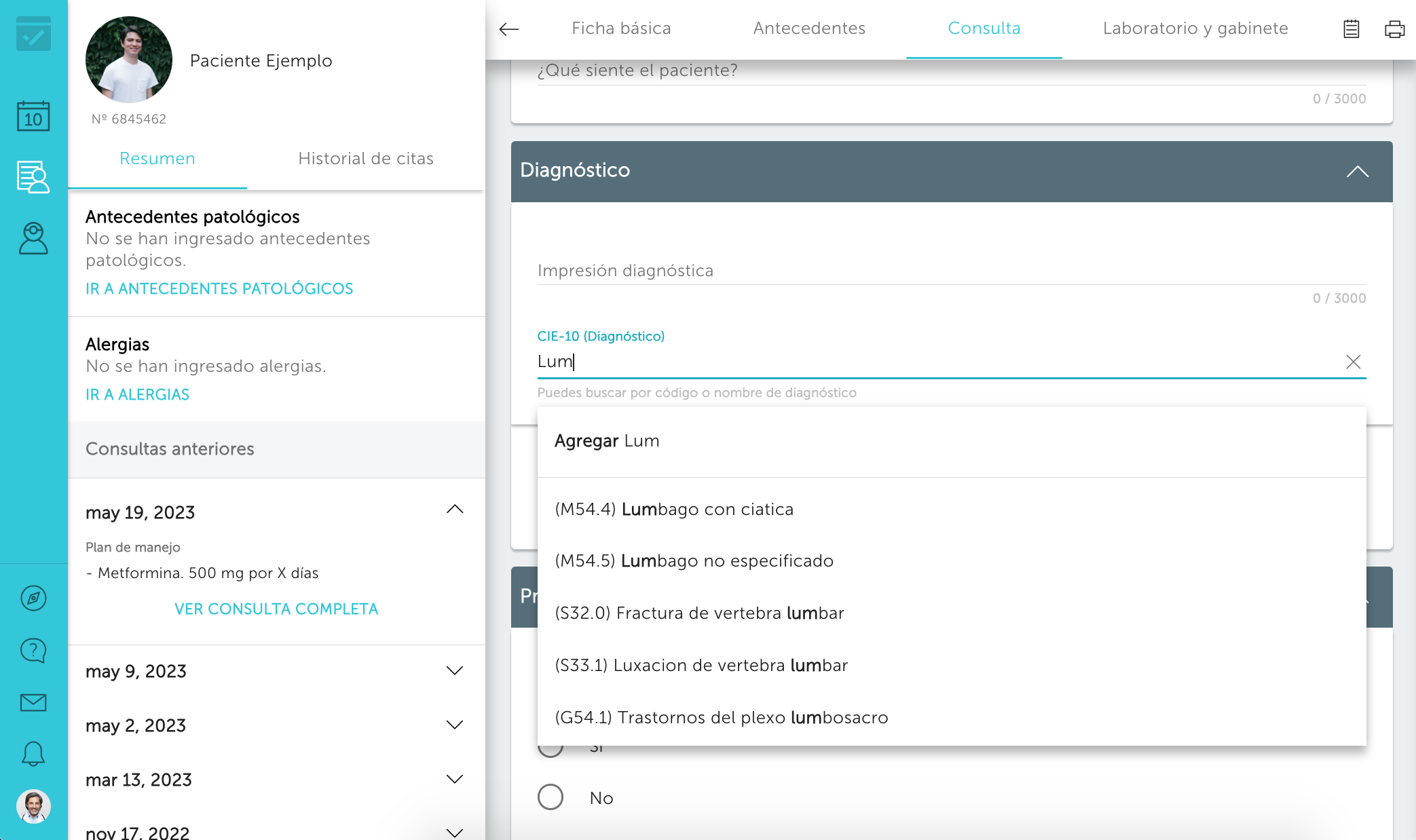 Expediente clínico electrónico con lumbalgia CIE 10 buscador