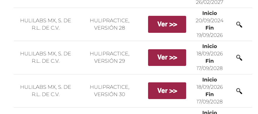 Listado DGIS de SIRES certificados: HuliPractice versiones 29 y 30 vigentes 2026–2028