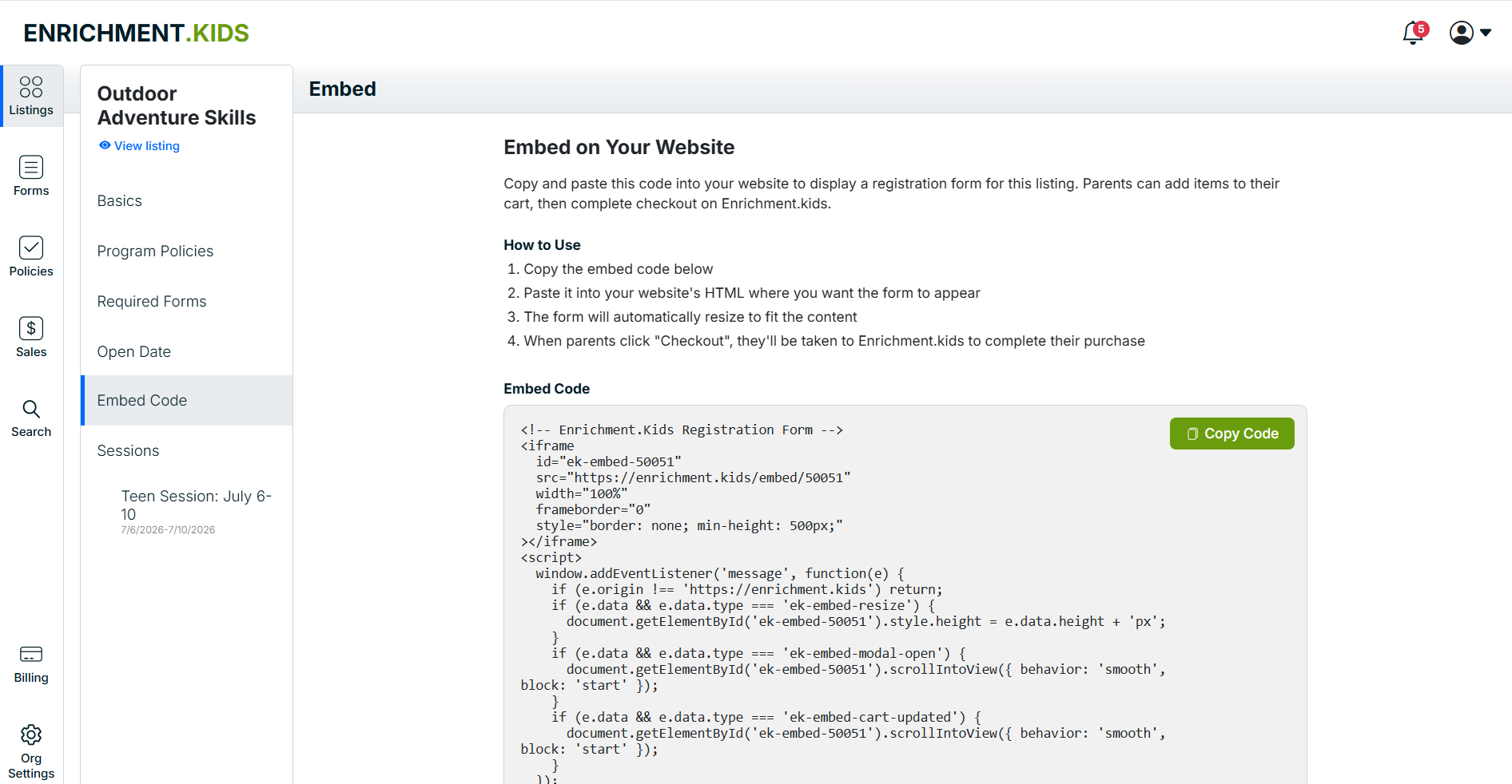 The Embed Code tab in the listing editor, showing the "Embed on Your Website" instructions and the code snippet.