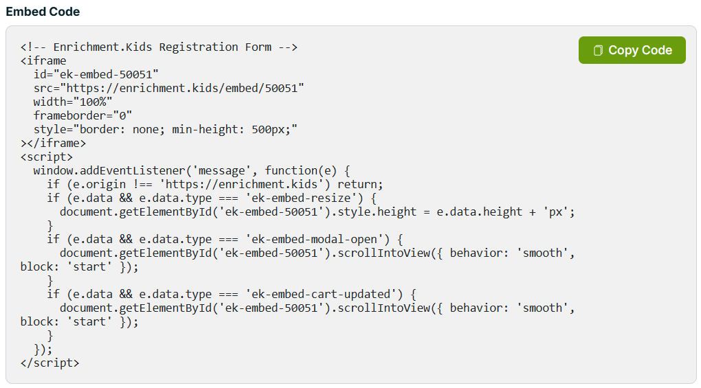 The embed code snippet with the Copy Code button.