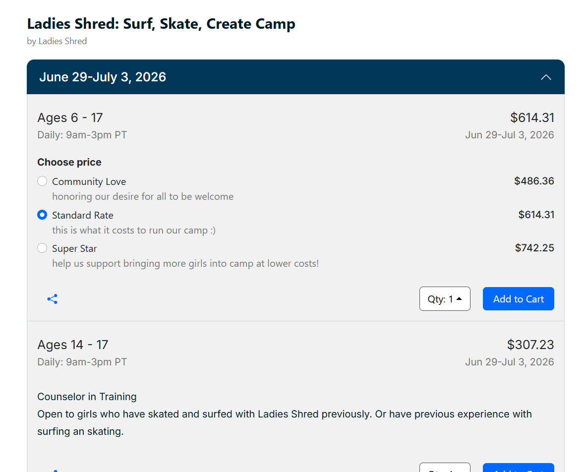 The embedded form on a provider's site, showing a session with three pricing tiers and an Add to Cart button.