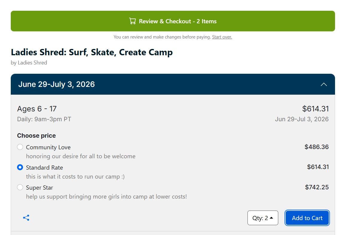 The form after adding two spots to the cart, showing the "Review & Checkout — 2 Items" button.