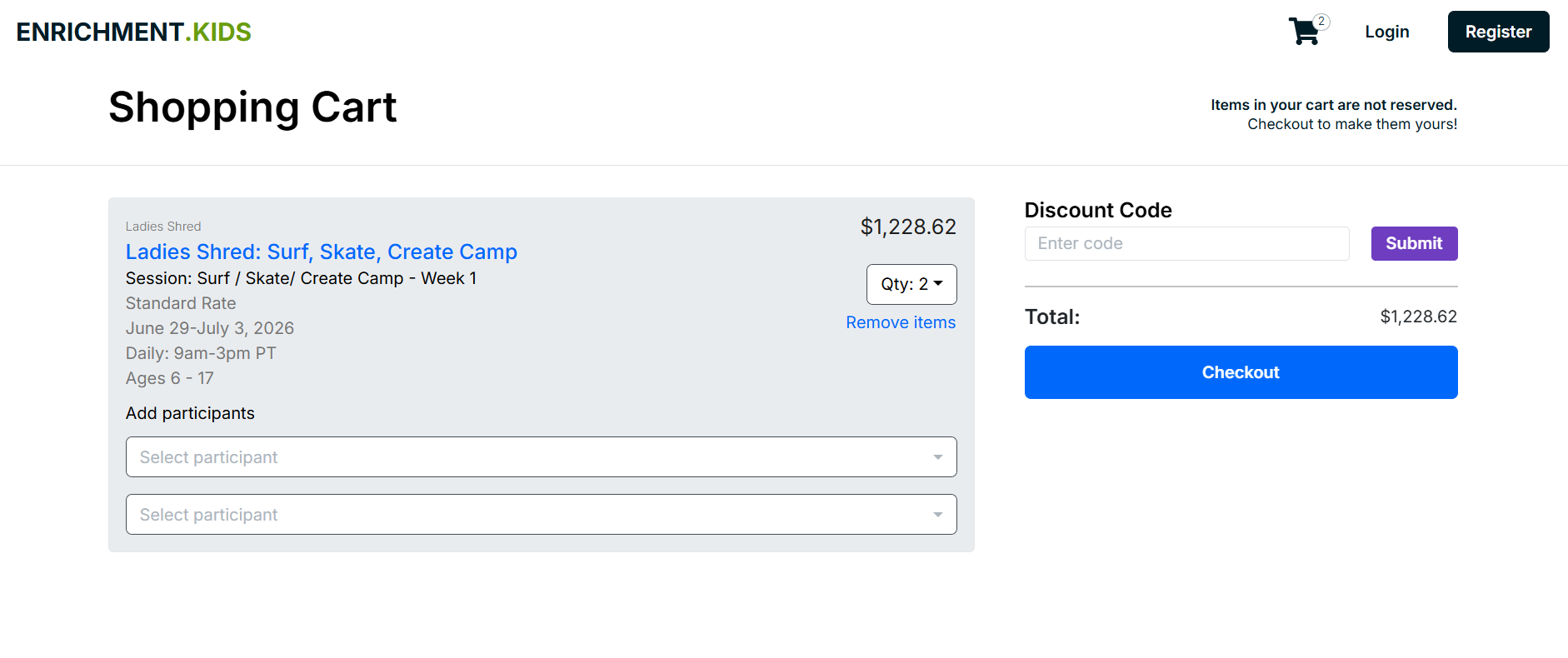 The Enrichment.kids checkout cart after the hand-off, with the camp, quantity, total, and Checkout button.