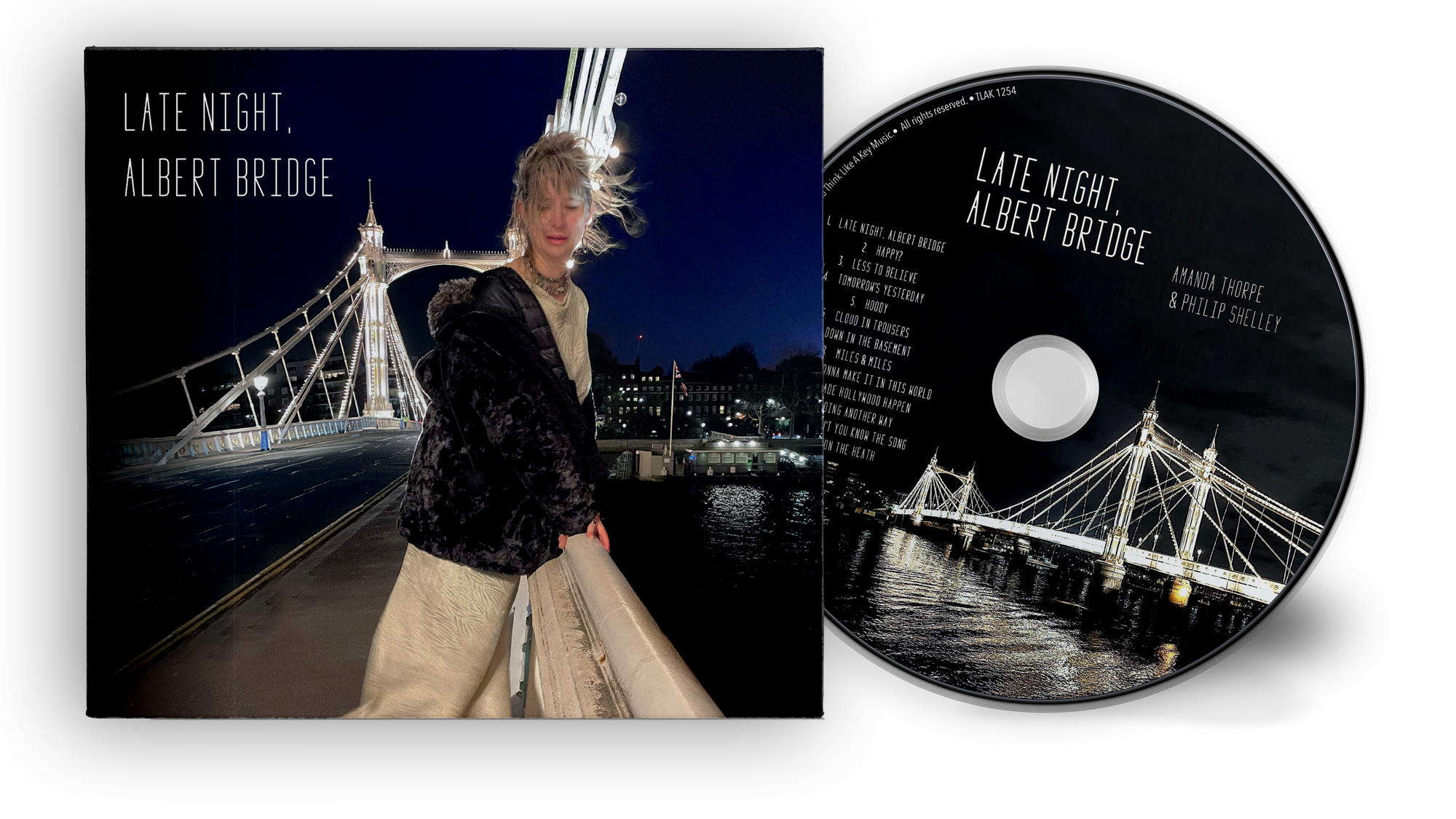 Late Night, Albert Bridge CD and four-panel digisleeve, featuring Amanda Thorpe beside the illuminated Albert Bridge.