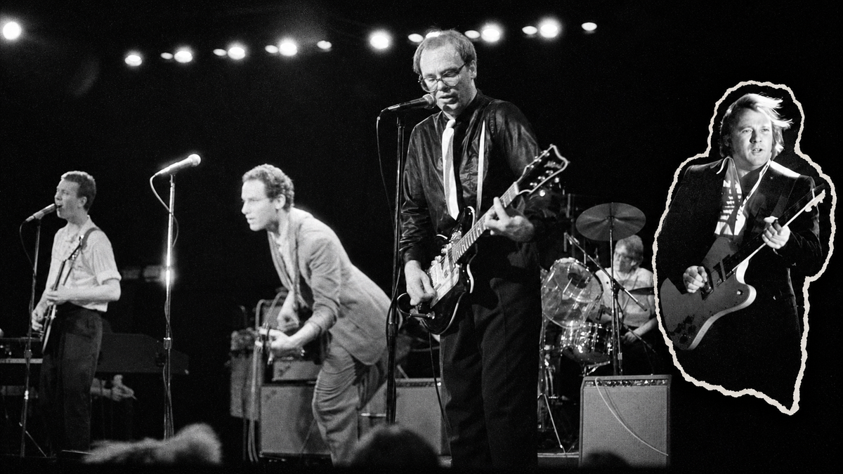 Bates Motel performing live, with a separate cutout of Stephen Stills playing guitar in 1979